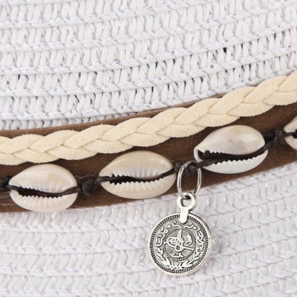 Woven Western Straw Beach Hat Cowrie Cowry Shells Tassels Tinted White Boho - Picture 5 of 15